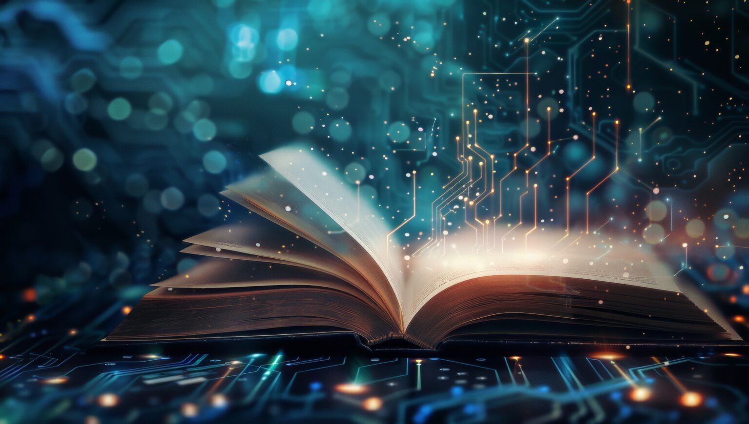 An open book with pages turning into digital data streams, representing the integration of technology and education in AI educational tools