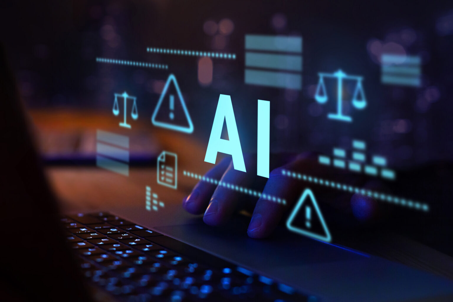A futuristic image featuring graphics related to risk, such as the scales of justice and exclamation marks, along with the AI abbreviation for artificial intelligence. In the background, a hand hovering over a keyboard is also visible.