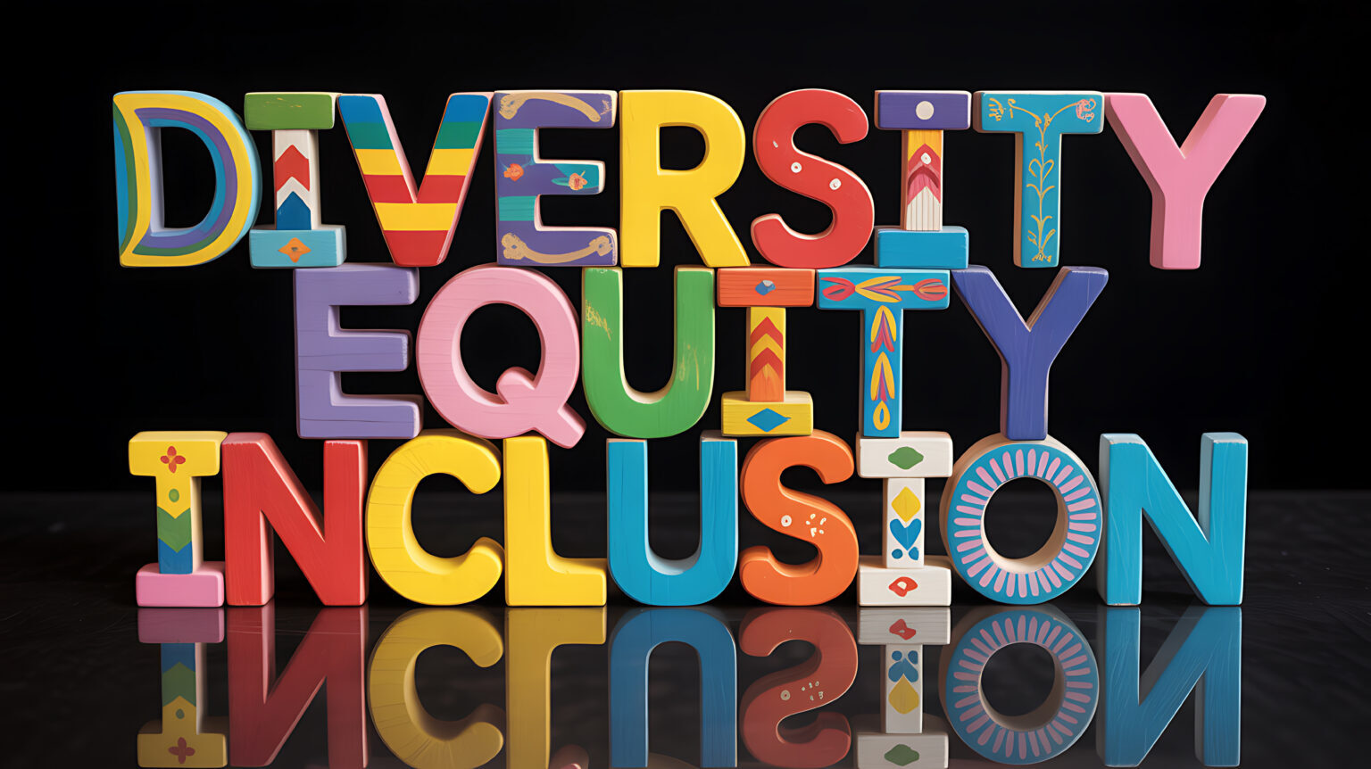 Pictured are a selection of colourful and patterned wooden letters, stacked to spell the words diversity equity and inclusion.